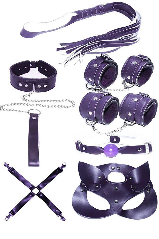 7 Parça Mor Fantazi Maske Kelepçe Kırbaç Seti