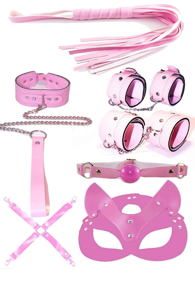 7 Parça Pembe Fantazi Maske Kelepçe Kırbaç Seti