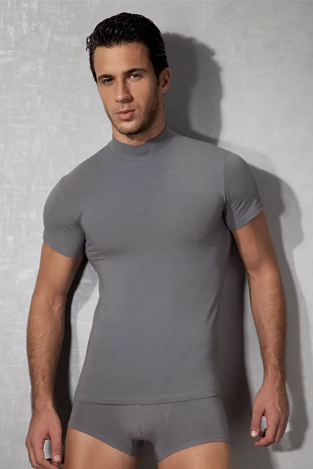 Boğazlı Yaka Füme Erkek T-Shirt