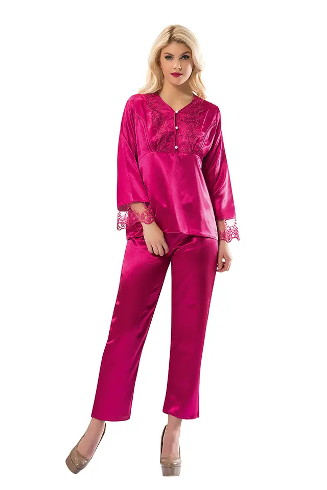 Fuşya Saten Bayan Pijama Takımı