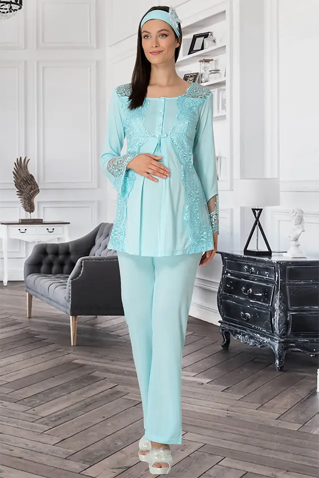 Nakış Dantel Sabahlıklı Lohusa Pijama Takımı