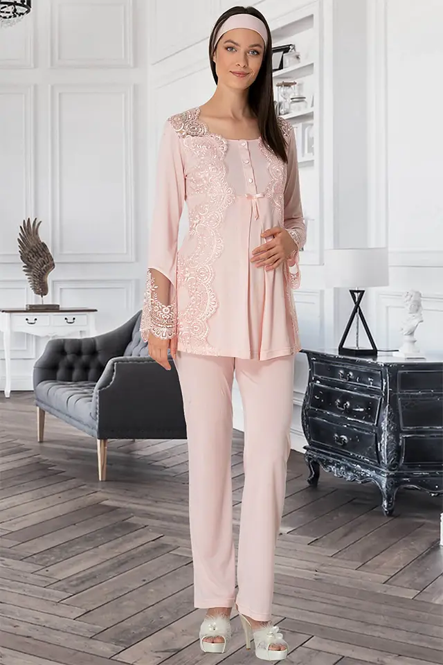 Nakış Dantel Sabahlıklı Lohusa Pijama Takımı