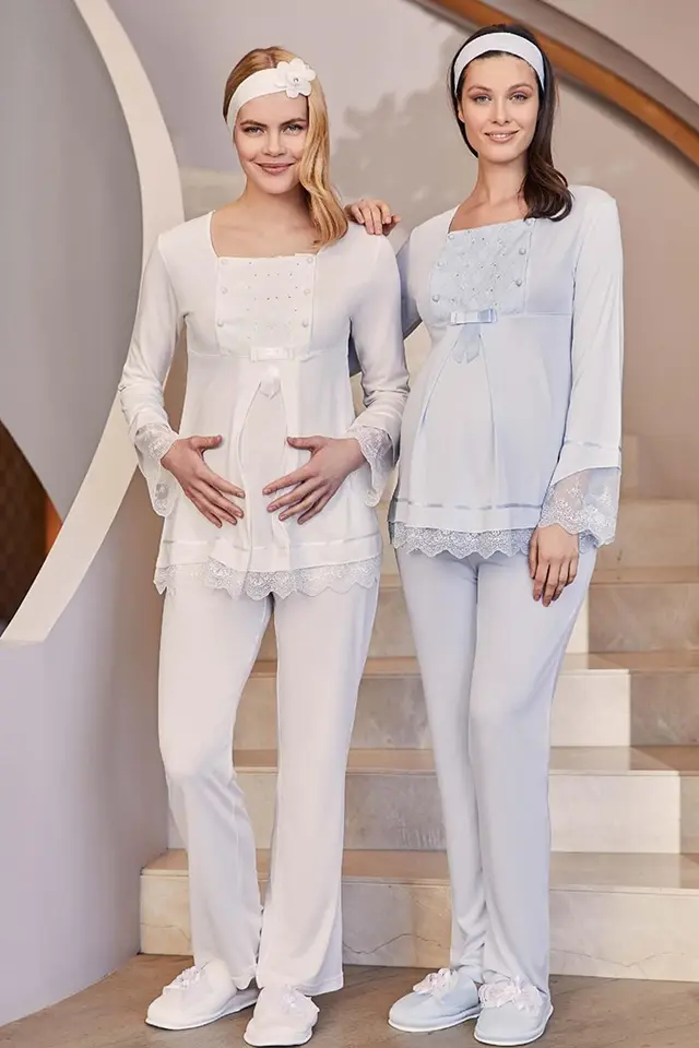 Nakış Dantelli Hamile Lohusa Pijama Takımı