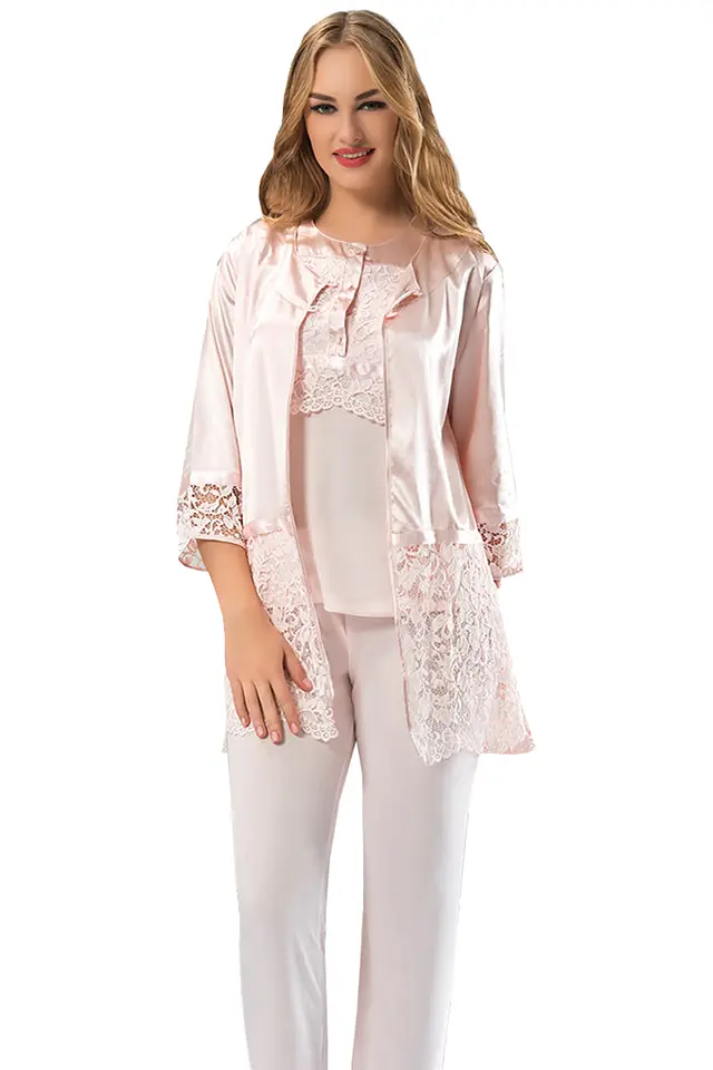 Pudra Saten Penye Pijama Takım