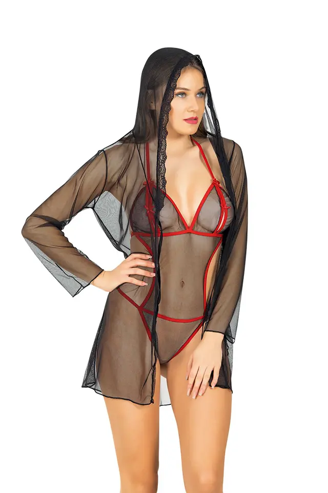 Siyah Kırmızı Fantazi Bodysuit Takım