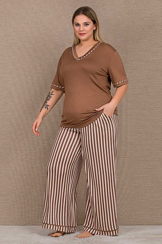 Altı Çizgili Büyük Beden Bayan Pijama Takımı