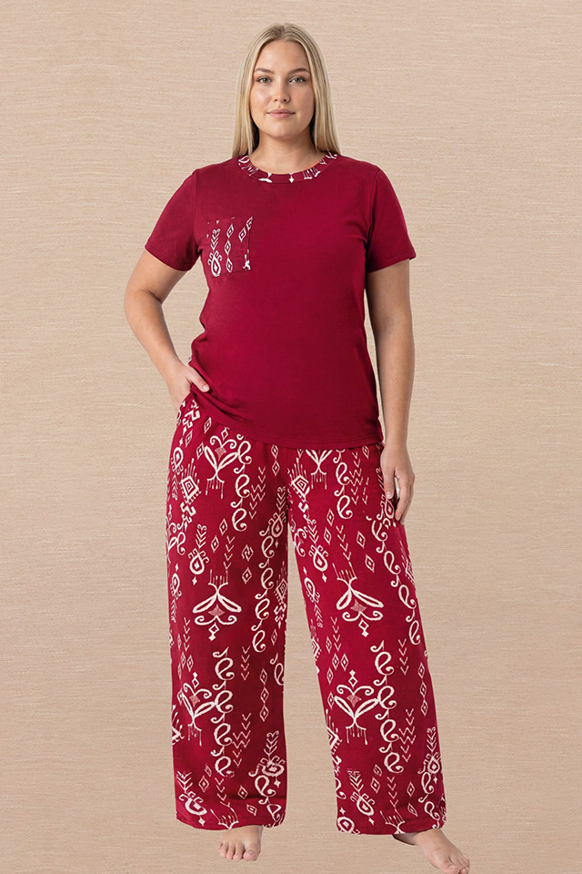 Bordo Beyaz Büyük Beden Bayan Pijama Takımı