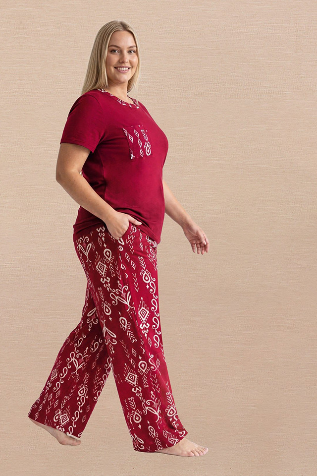 Bordo Beyaz Büyük Beden Bayan Pijama Takımı
