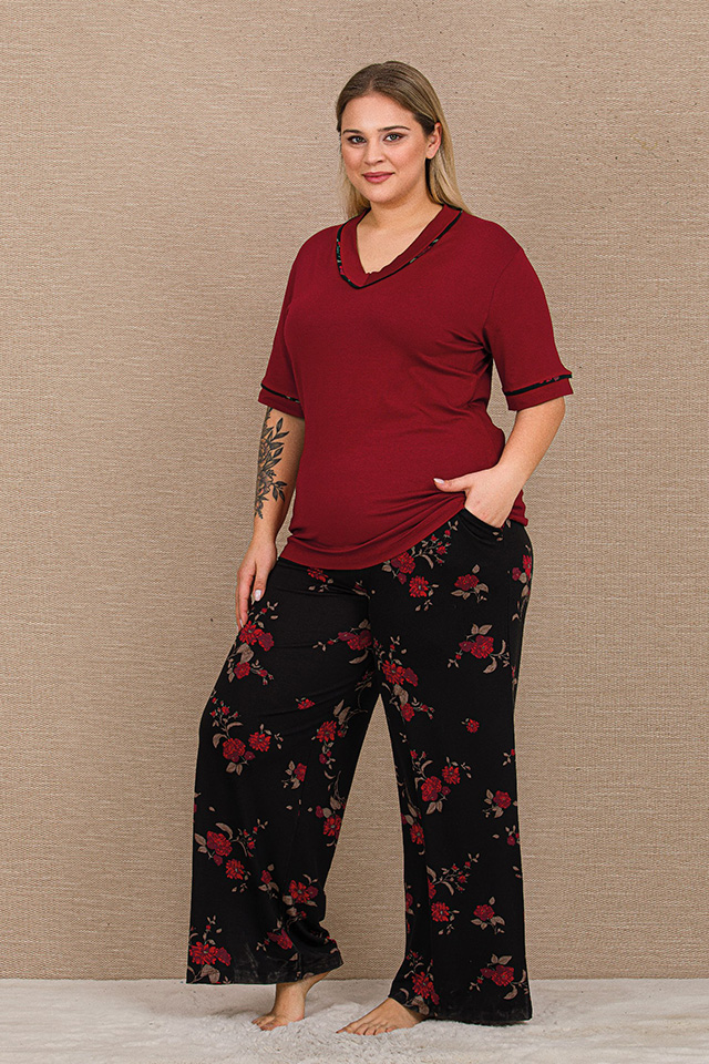 Bordo Siyah Büyük Beden Bayan Pijama Takımı