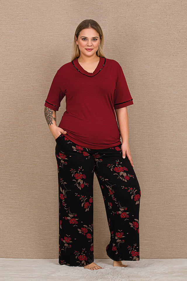 Bordo Siyah Büyük Beden Bayan Pijama Takımı