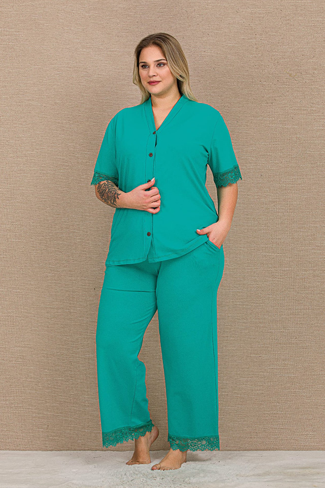 Cepli Düğmeli Büyük Beden Bayan Pijama Takımı