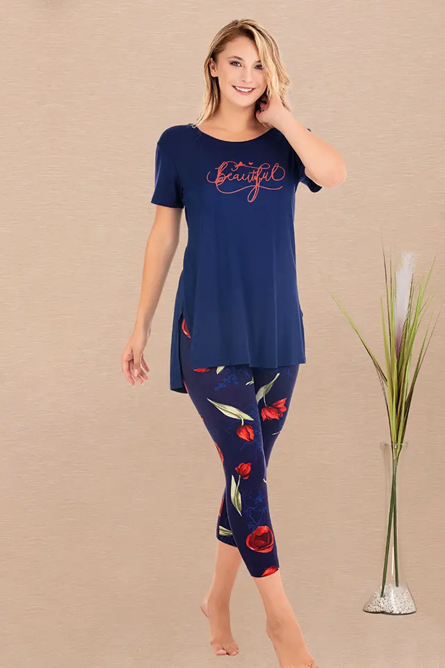 Çiçekli Lacivert Bayan Pijama Takımı