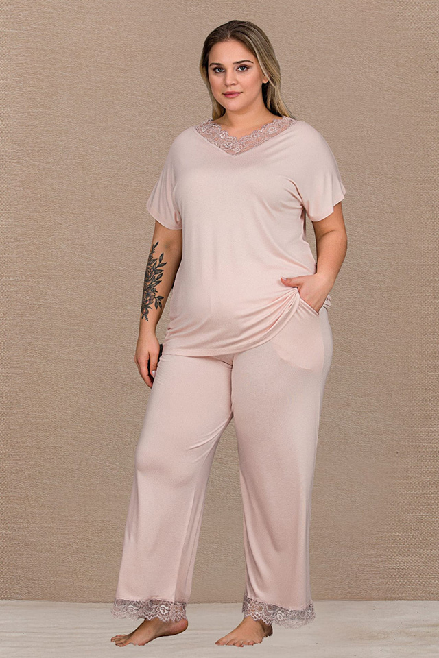 Dantel Yaka Cep Detaylı Büyük Beden Bayan Pijama Takımı