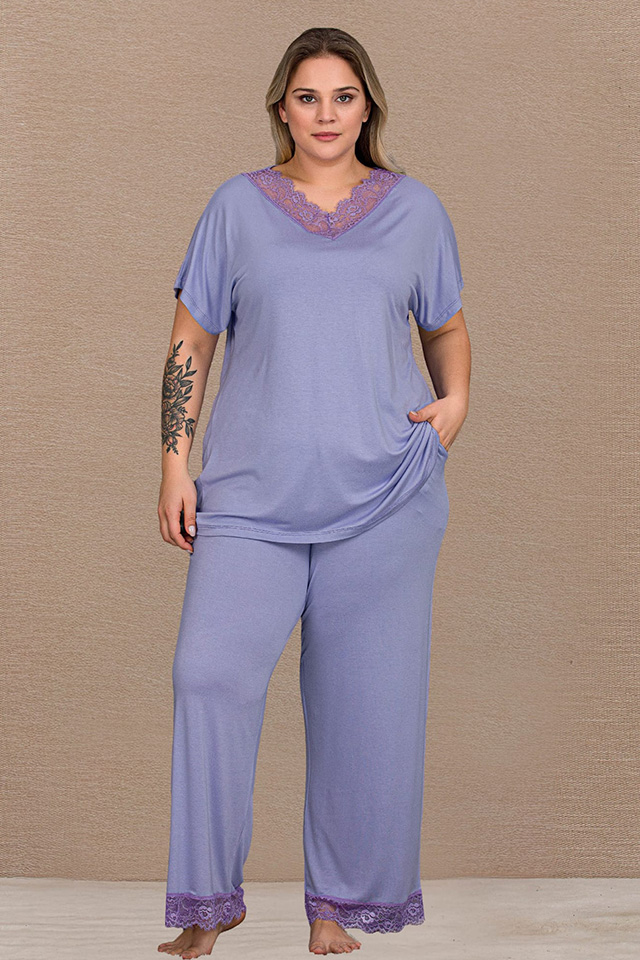 Dantel Yaka Lila Büyük Beden Bayan Pijama Takımı