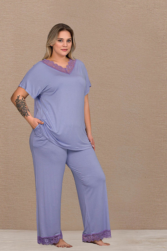Dantel Yaka Lila Büyük Beden Bayan Pijama Takımı