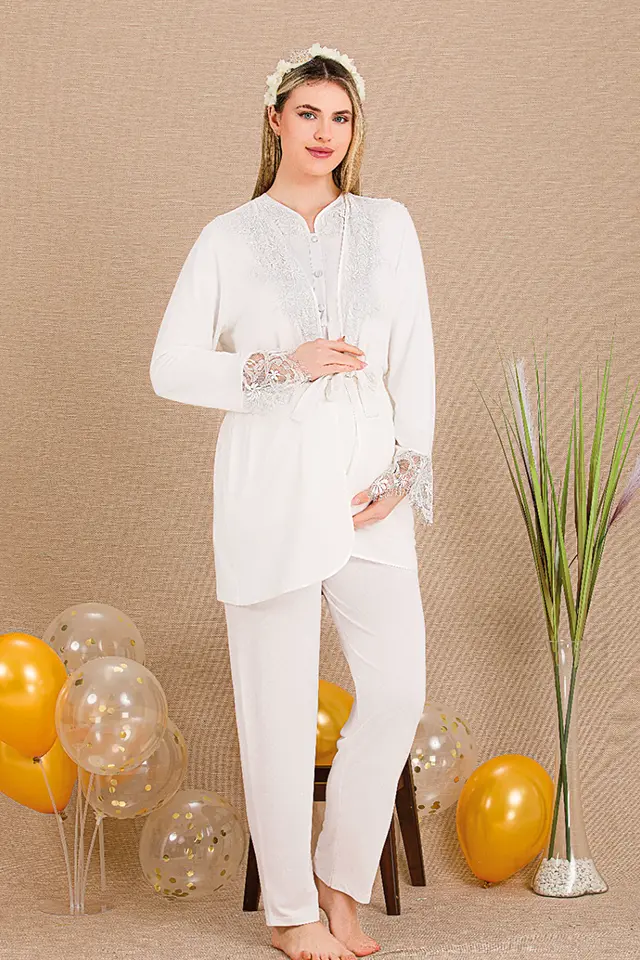 Dantelli Beyaz Sabahlıklı Lohusa Pijama Takımı