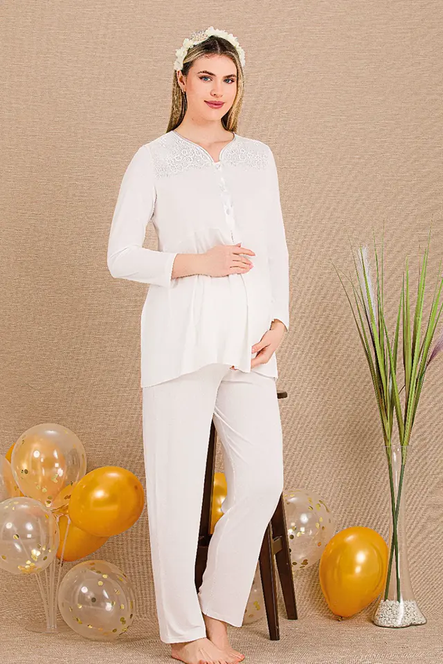 Dantelli Beyaz Sabahlıklı Lohusa Pijama Takımı