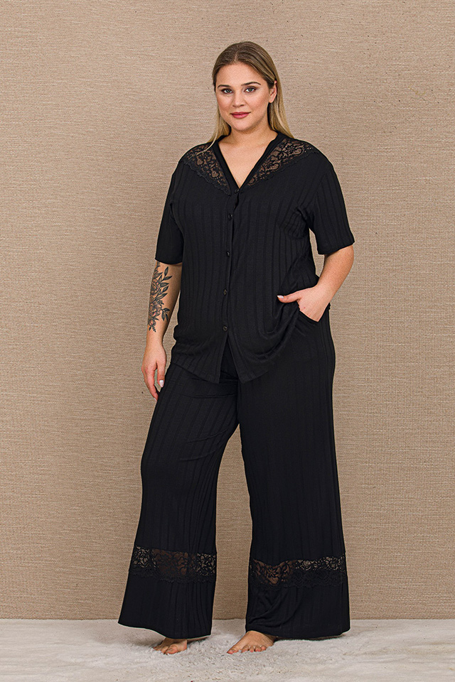 Fitilli Danteli Siyah Büyük Beden Bayan Pijama Takımı