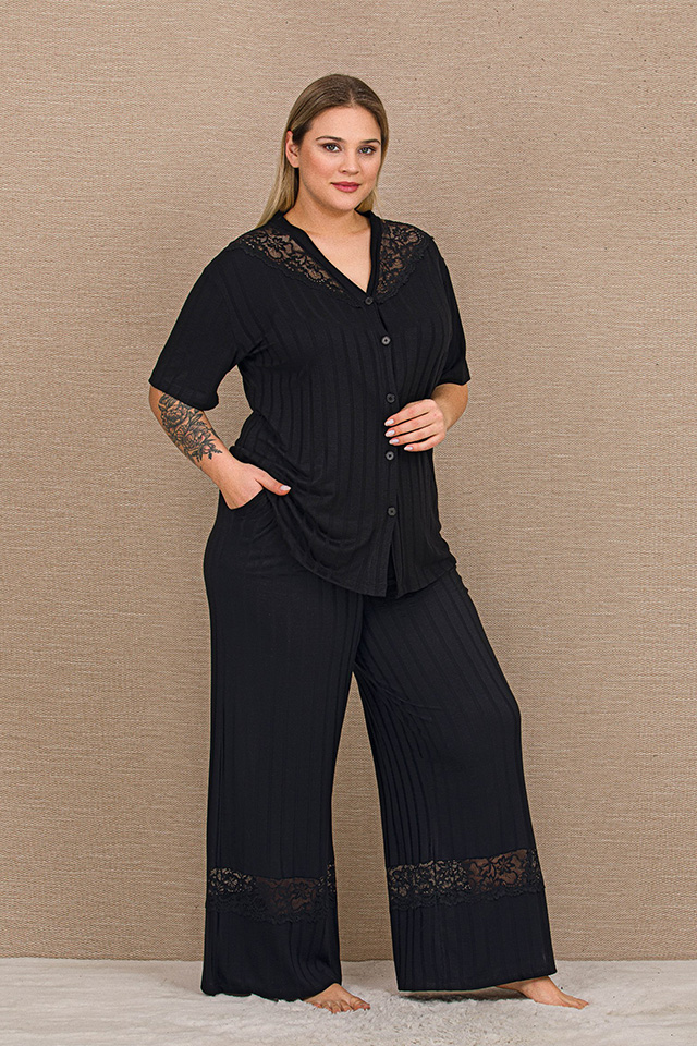 Fitilli Danteli Siyah Büyük Beden Bayan Pijama Takımı