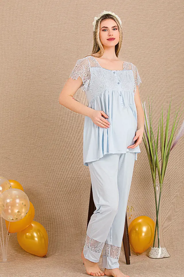 Güpür Dantelli Mavi Lohusa Pijama Takımı