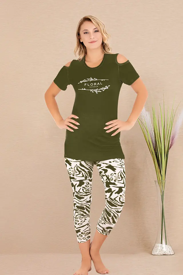 Haki Yeşil Beyaz Bayan Pijama Takımı