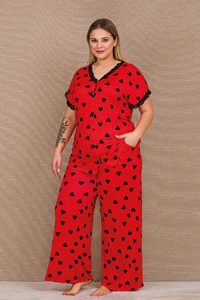 Kalpli Kırmızı Geniş Büyük Beden Bayan Pijama Takımı