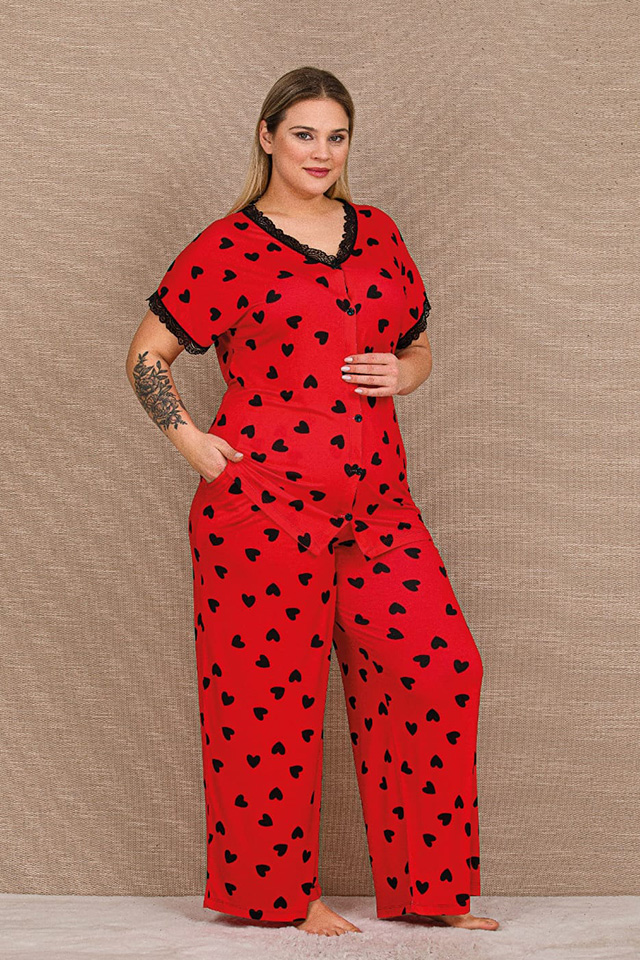 Kalpli Kırmızı Geniş Büyük Beden Bayan Pijama Takımı