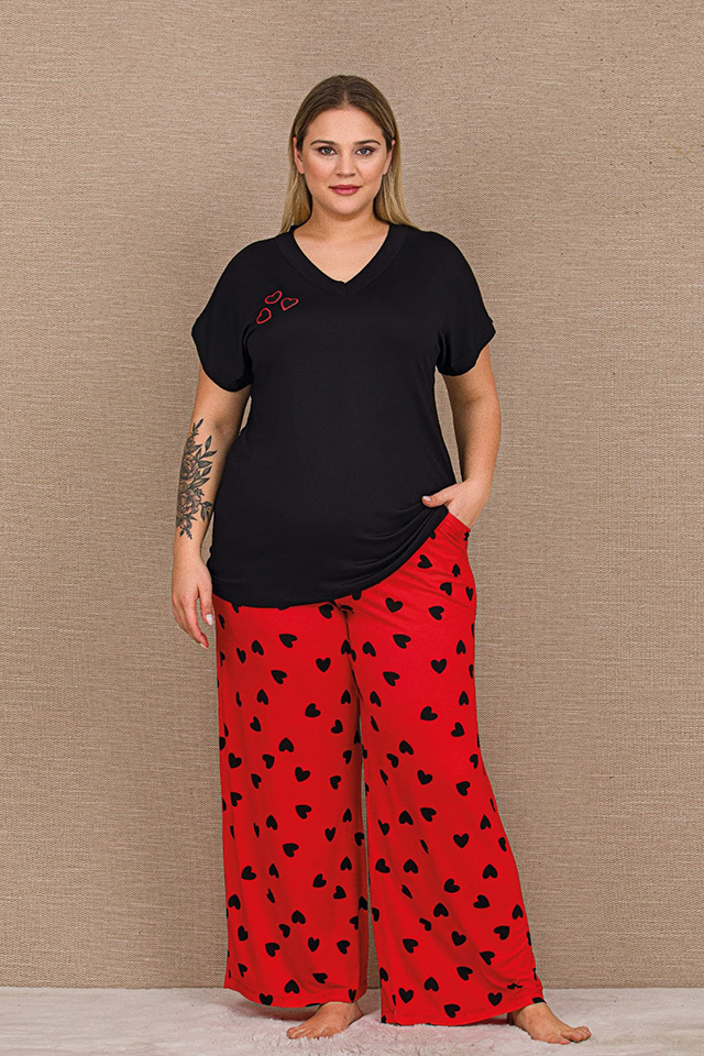 Kalpli Kırmızı Siyah Büyük Beden Bayan Pijama Takımı
