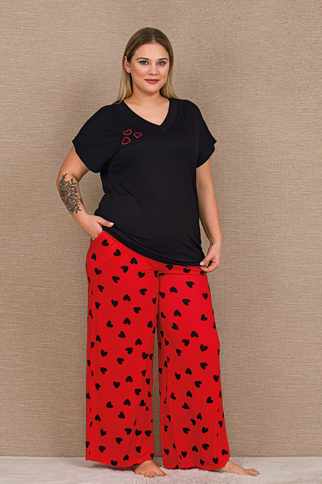 Kalpli Kırmızı Siyah Büyük Beden Bayan Pijama Takımı