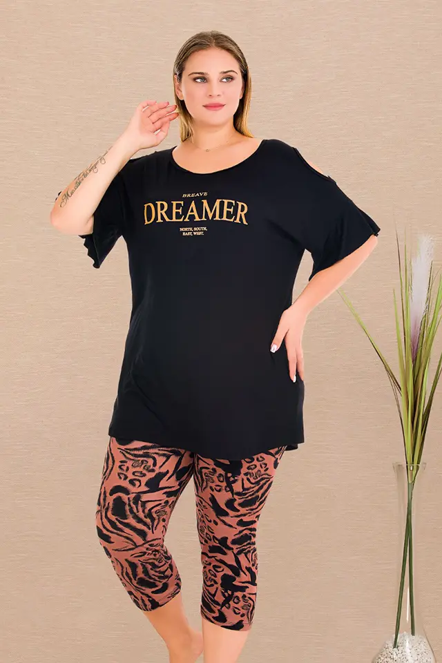 Kiremit Siyah Büyük Beden Bayan Pijama Takımı