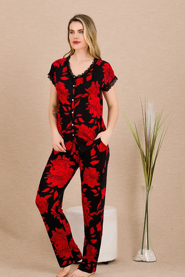 Kırmızı Siyah Kısa Kollu Bayan Pijama Takımı