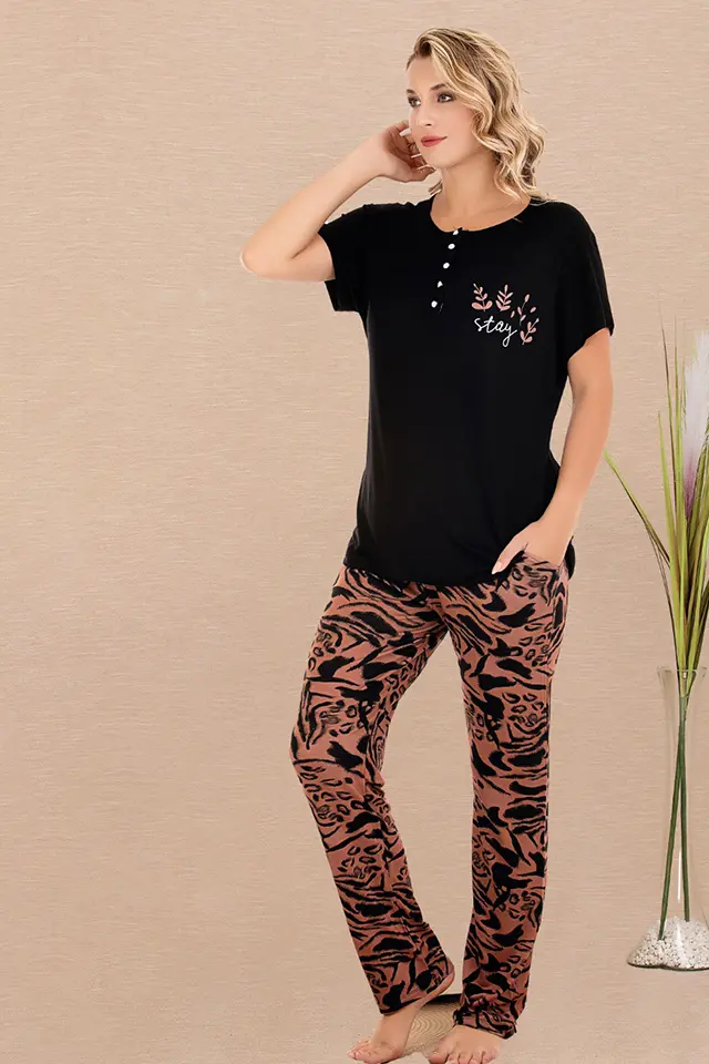 Kısa Kol Kiremit Siyah Bayan Pijama Takımı