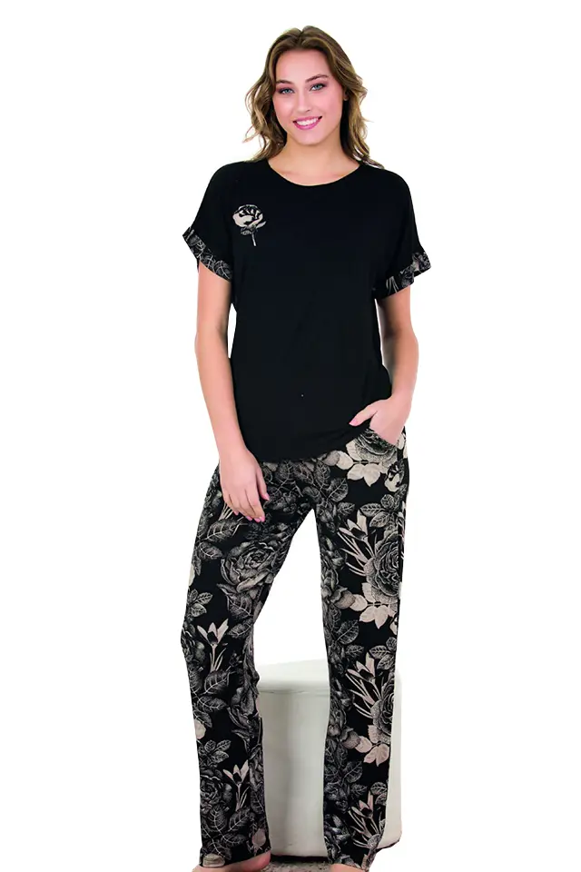 Kısa Kol Siyah Bayan Pijama Takımı