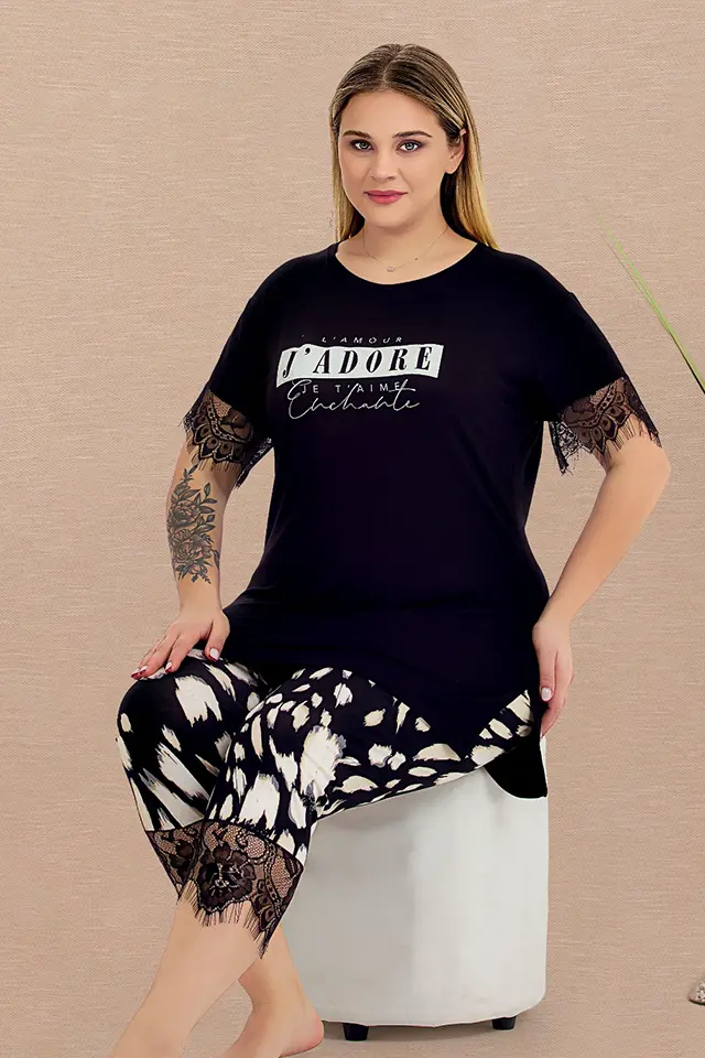 Kol Uçları Dantel Büyük Beden Bayan Pijama Takımı