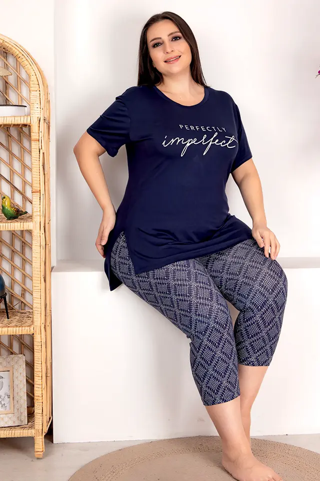 Lacivert Büyük Beden Bayan Pijama Takımı