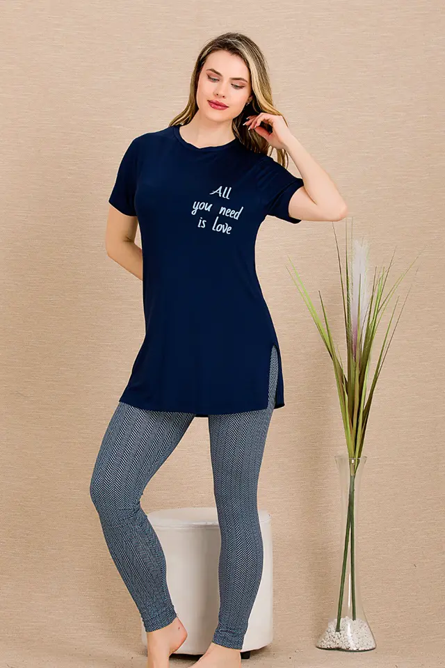Lacivert Kısa Kollu Bayan Pijama Takımı