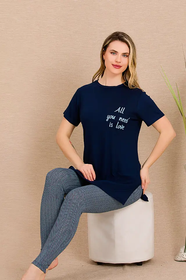 Lacivert Kısa Kollu Bayan Pijama Takımı