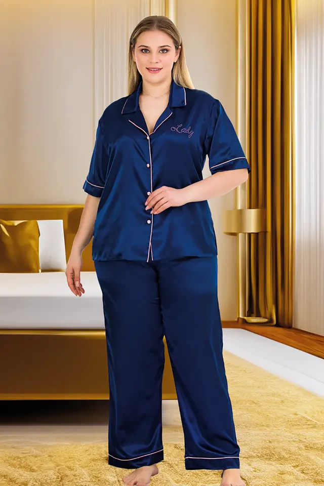 Lacivert Saten Bayan Pijama Takımı