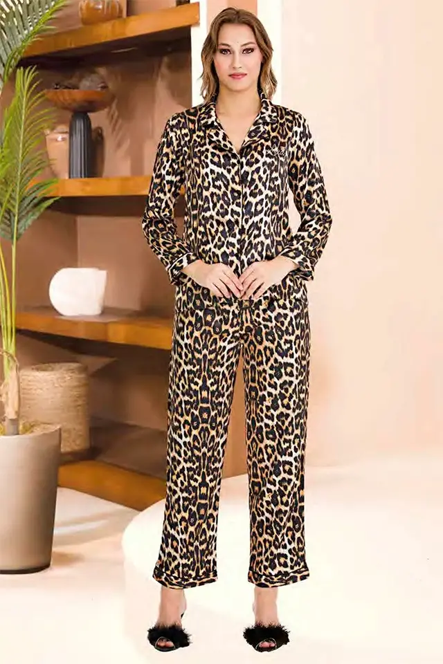 Leopar Saten Pijama Takım