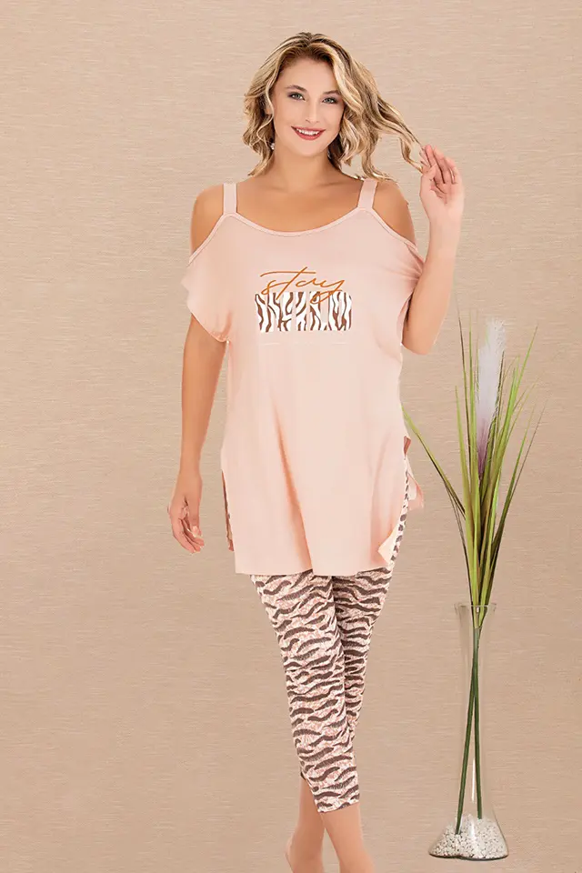 Omuz Dekolteli Pudra Bayan Pijama Takımı