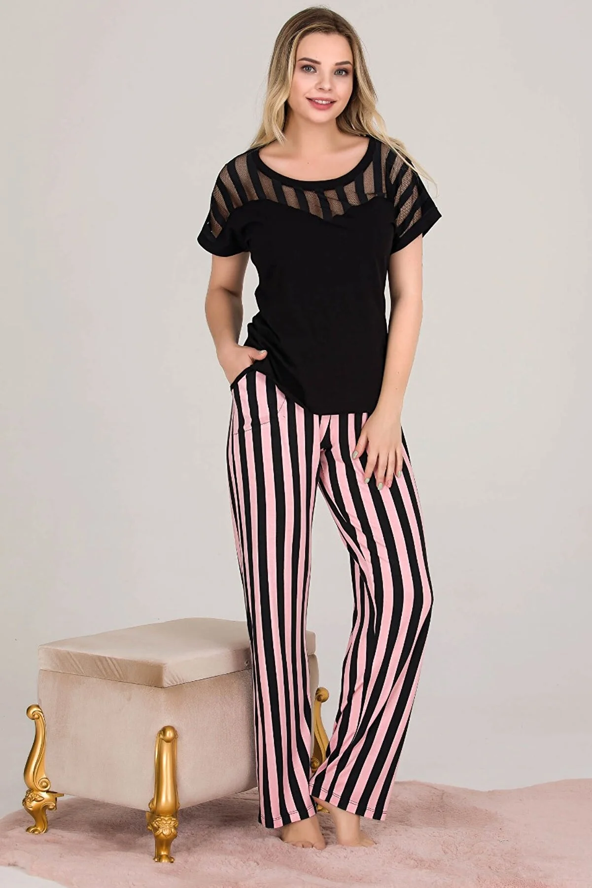 Pembe Siyah Bayan Pijama Takım
