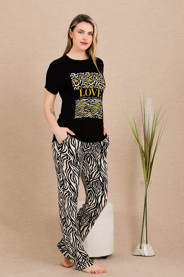 Sarı Love Kısa Kollu Bayan Pijama Takımı