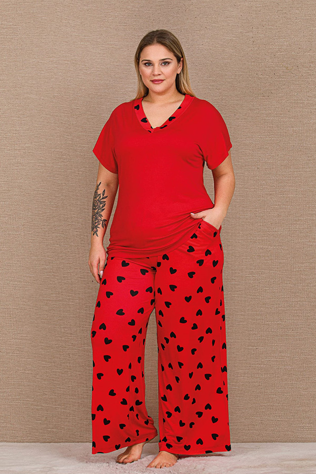 Siyah Kalpli Kırmızı Büyük Beden Bayan Pijama Takımı