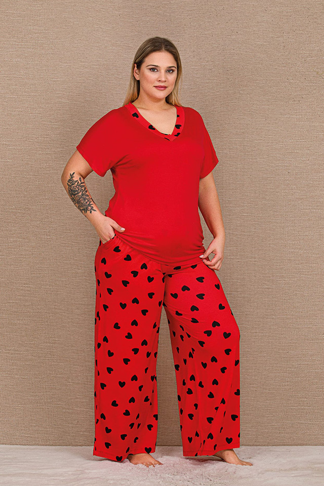 Siyah Kalpli Kırmızı Büyük Beden Bayan Pijama Takımı