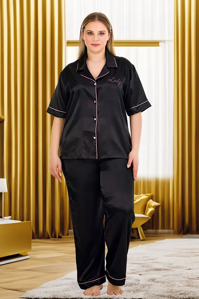 Siyah Saten Bayan Pijama Takımı