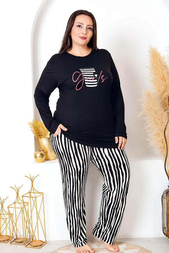 Uzun Kollu Büyük Beden Bayan Pijama Takımı