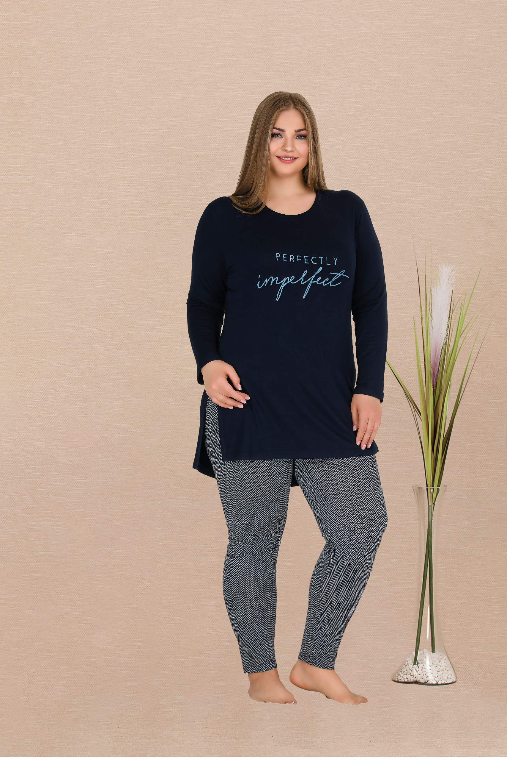 Uzun Kollu Büyük Beden Bayan Pijama Takımı