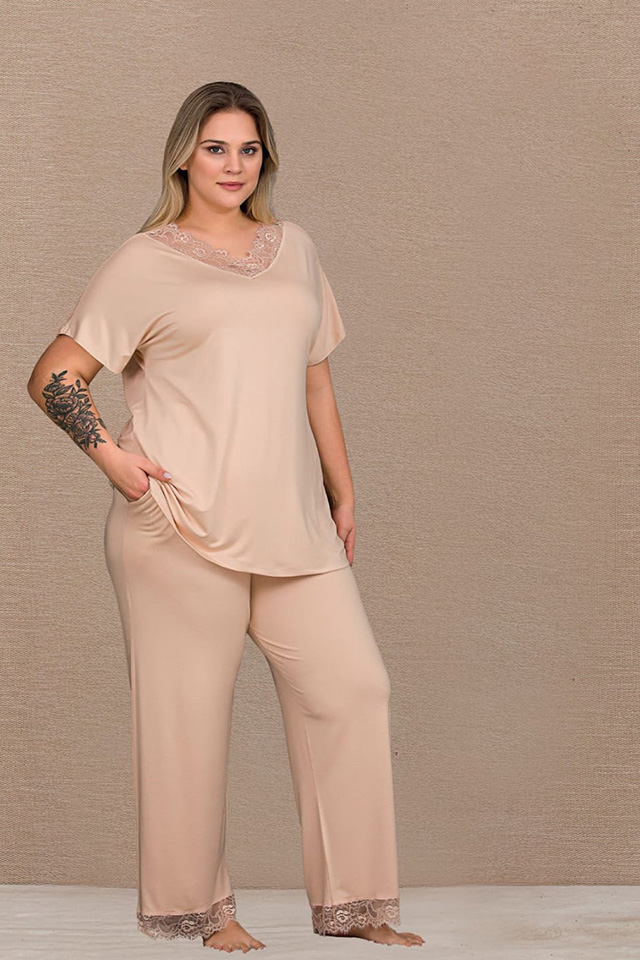 V Dantel Yaka Cepli Büyük Beden Bayan Pijama Takımı