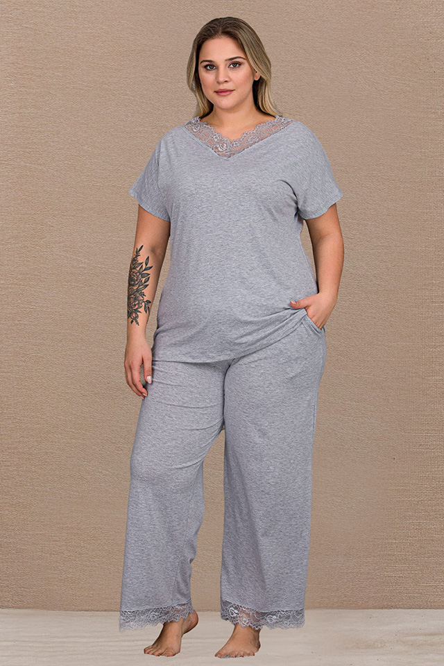 V Dantel Yaka Gri Büyük Beden Bayan Pijama Takımı