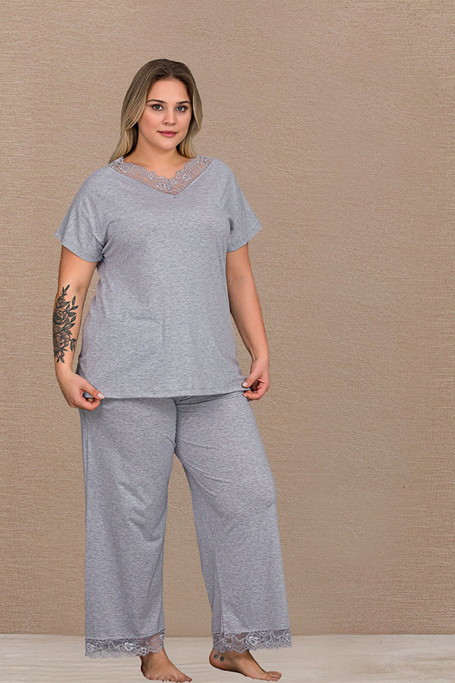 V Dantel Yaka Gri Büyük Beden Bayan Pijama Takımı